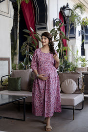 Women Levender Printed Flared Maternity Dress