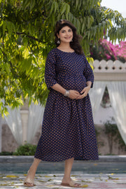 Women Navy Blue Printed Flared Maternity Dress