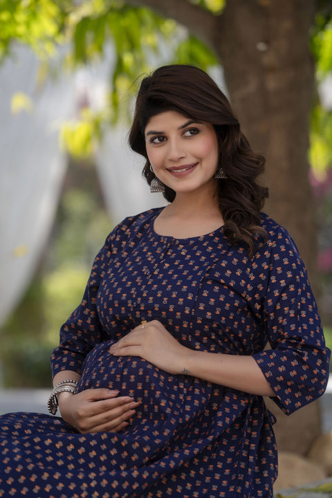 Women Navy Blue Printed Flared Maternity Dress