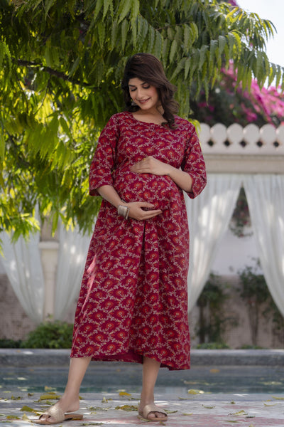 Women Burgundy Printed Maternity Dress