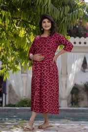 Women Burgundy Printed Maternity Dress