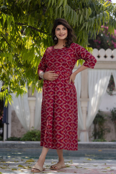 Women Burgundy Printed Maternity Dress