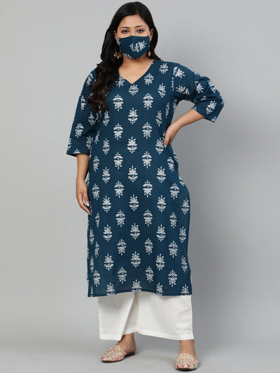 Women Teal Blue Printed Straight kurta with V Neck & Three Quarters Sleeves