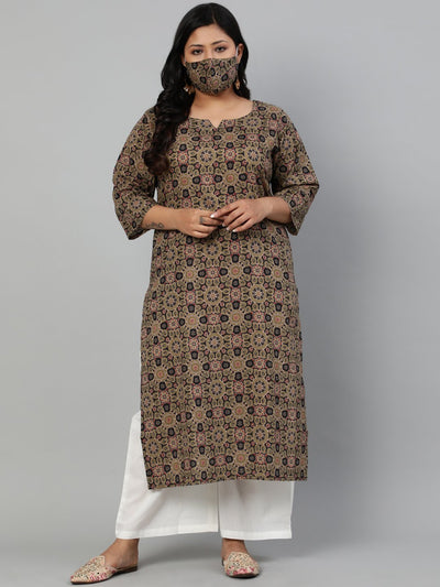 Women Olive Green Printed Straight kurta with Round Neck & Three Quarters Sleeves