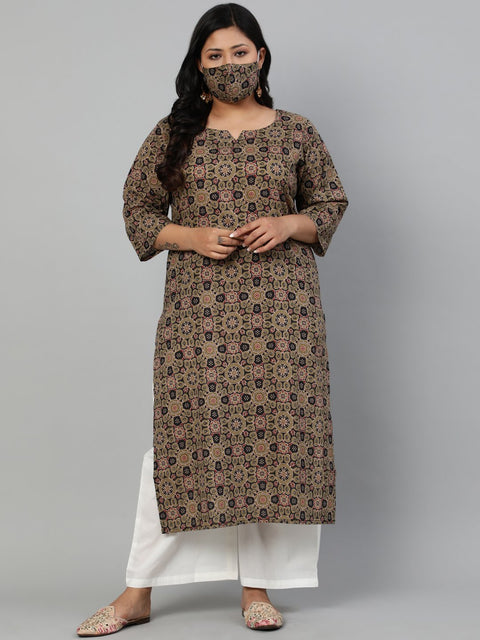 Women Olive Green Printed Straight kurta with Round Neck & Three Quarters Sleeves
