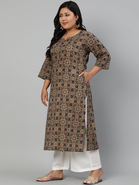 Women Olive Green Printed Straight kurta with Round Neck & Three Quarters Sleeves