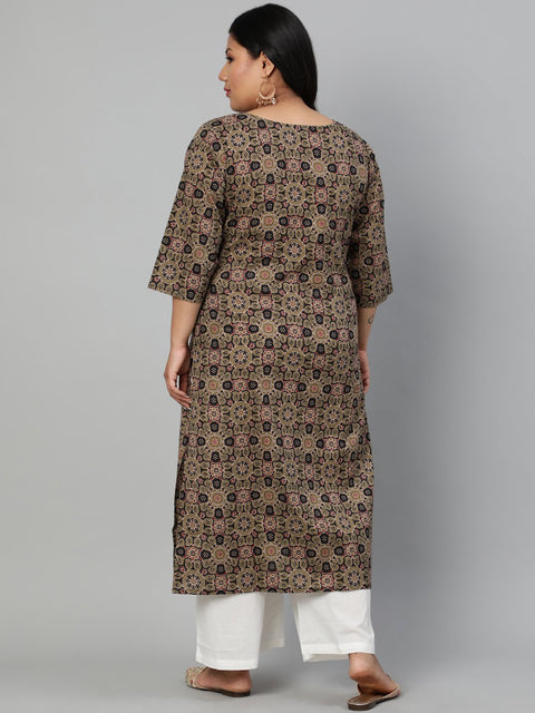Women Olive Green Printed Straight kurta with Round Neck & Three Quarters Sleeves