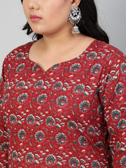 Women Maroon & Taupe Floral Printed Straight kurta with Plazo & Dupatta