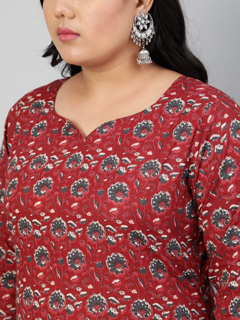 Women Maroon & Taupe Floral Printed Straight kurta with Plazo & Dupatta