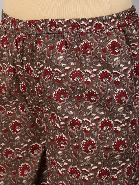 Women Maroon & Taupe Floral Printed Straight kurta with Plazo & Dupatta