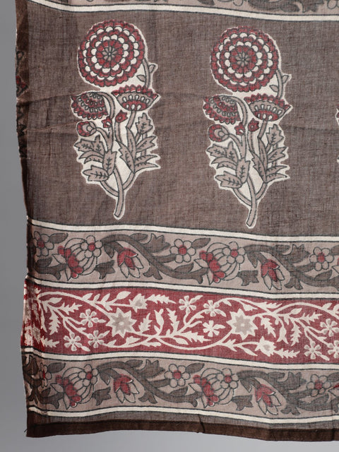 Women Maroon & Taupe Floral Printed Straight kurta with Plazo & Dupatta