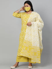 Women Lime Green & Gold Floral Printed Straight kurta with Plazo & Dupatta
