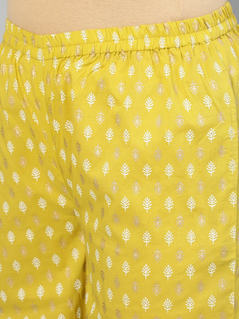 Women Lime Green & Gold Floral Printed Straight kurta with Plazo & Dupatta