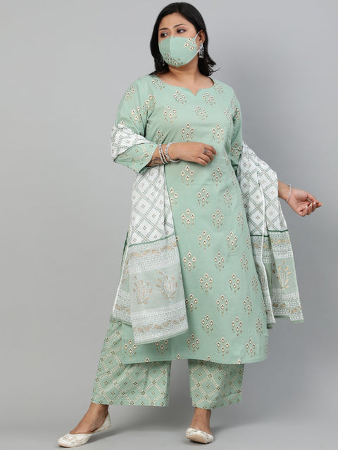 Women Sage Green & Gold  Printed Straight kurta with Plazo & Dupatta
