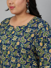 Women Navy Blue & Yellow Floral Printed Straight kurta with Plazo & Dupatta