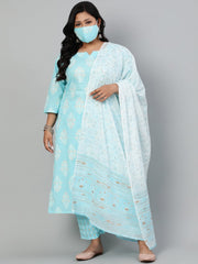 Women Pastel Blue & Gold Printed Straight kurta with Plazo & Dupatta
