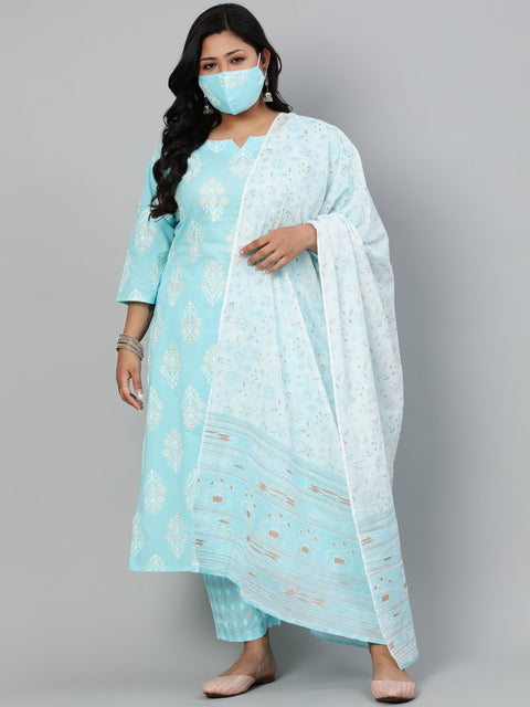 Women Pastel Blue & Gold Printed Straight kurta with Plazo & Dupatta
