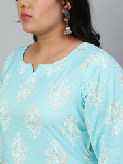 Women Pastel Blue & Gold Printed Straight kurta with Plazo & Dupatta