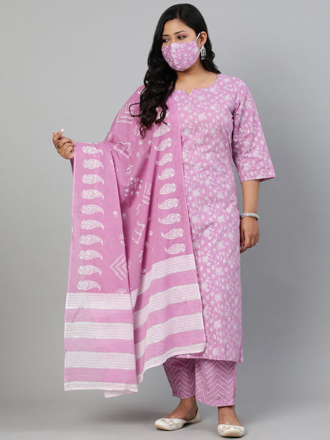 Women Lavender & Glitter Floral Printed Straight kurta with Plazo & Dupatta