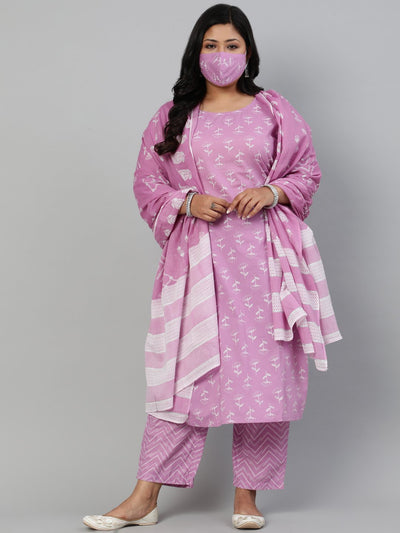 Women Lavender & Glitter Floral Printed Straight kurta with Plazo & Dupatta