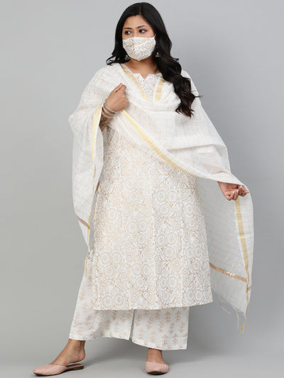 Women Off-White & Gold Floral Printed Straight kurta with Plazo & Checked Dupatta