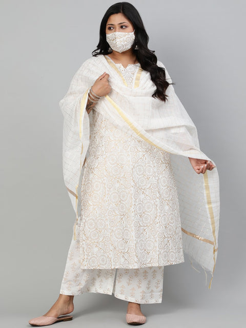Women Off-White & Gold Floral Printed Straight kurta with Plazo & Checked Dupatta