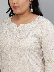 Women Off-White & Gold Floral Printed Straight kurta with Plazo & Checked Dupatta