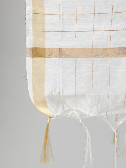 Women Off-White & Gold Floral Printed Straight kurta with Plazo & Checked Dupatta