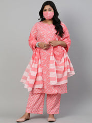 Women Peach & Glitter Floral Printed Straight kurta with Plazo & Checked Dupatta