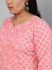 Women Peach & Glitter Floral Printed Straight kurta with Plazo & Checked Dupatta