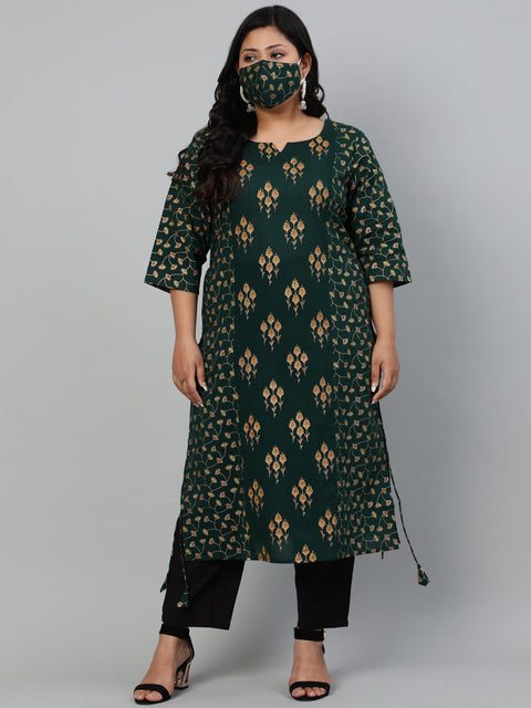 Women Green & Gold Printed Straight kurta with Round Neck & Three Quarters Sleeves