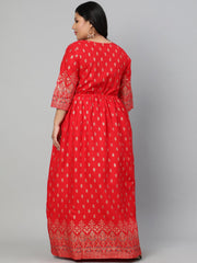 Women Red & Gold Printed Dress with Three Quarter sleeves & Dori Detailing