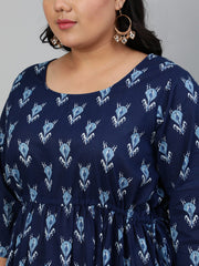 Women Indigo Blue printed Dress with Three Quarter Sleeves & Dori Detailing