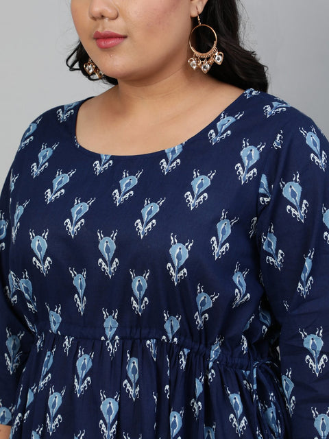 Women Indigo Blue printed Dress with Three Quarter Sleeves & Dori Detailing