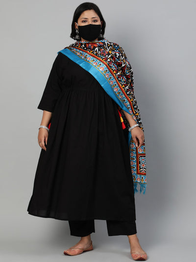Women Solid Black Gathered Kurta With Plazo & Multi Colored Dupatta