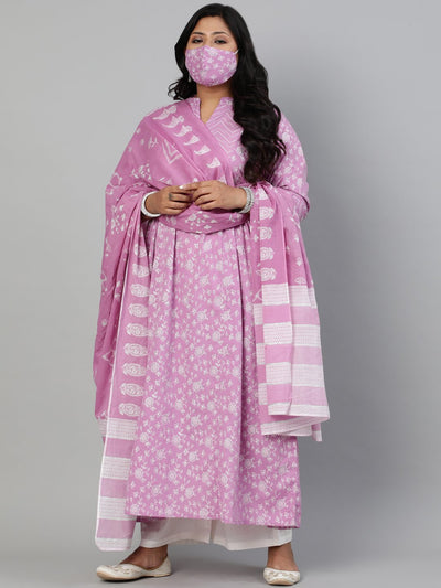 Women Lavender Floral Printed Kurta With Plazo & Dupatta