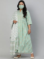 Women Sage Green Printed Gathered Kurta With Plazo & Dupatta