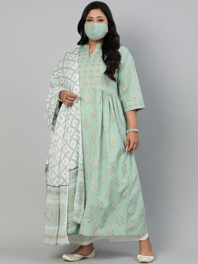 Women Sage Green Printed Gathered Kurta With Plazo & Dupatta