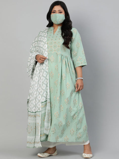 Women Sage Green Printed Gathered Kurta With Plazo & Dupatta