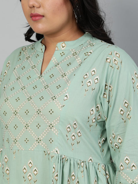 Women Sage Green Printed Gathered Kurta With Plazo & Dupatta