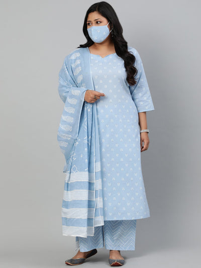 Women Powder Blue Printed Kurta With Plazo & Dupatta