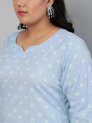 Women Powder Blue Printed Kurta With Plazo & Dupatta