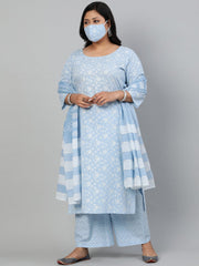 Women Powder Blue Printed Kurta With Plazo & Dupatta