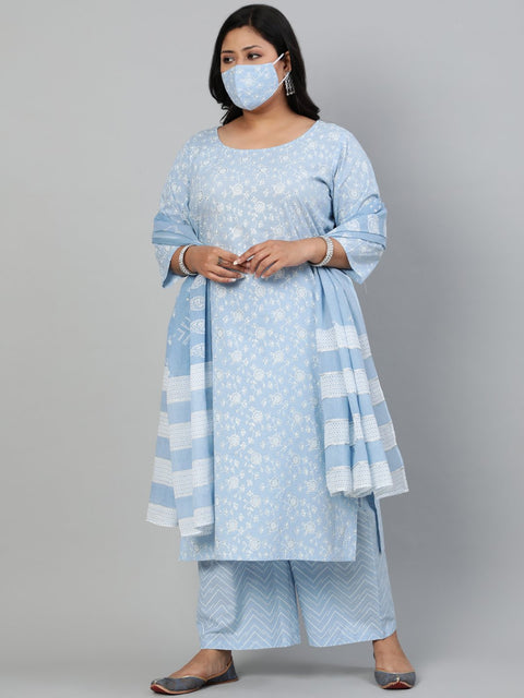 Women Powder Blue Printed Kurta With Plazo & Dupatta