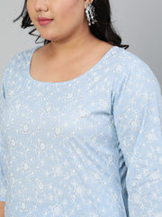 Women Powder Blue Printed Kurta With Plazo & Dupatta