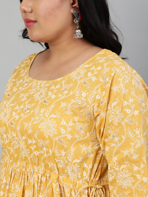 Women Yellow & Gold Floral Printed Kurta With Plazo & Dupatta