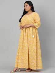 Women Yellow & Gold Floral Printed Kurta With Plazo & Dupatta