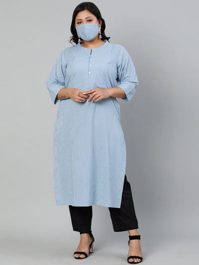 Women Blue & Off-White Striped Straight kurta with Round Neck & Three Quarters Sleeves