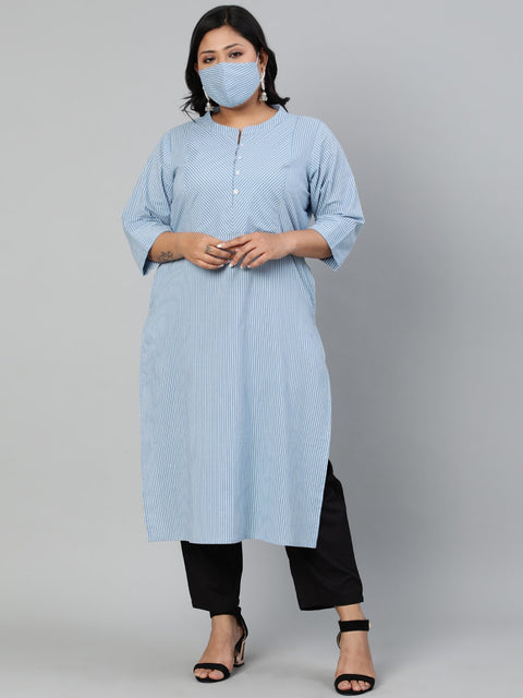Women Blue & Off-White Striped Straight kurta with Round Neck & Three Quarters Sleeves