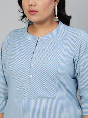 Women Blue & Off-White Striped Straight kurta with Round Neck & Three Quarters Sleeves